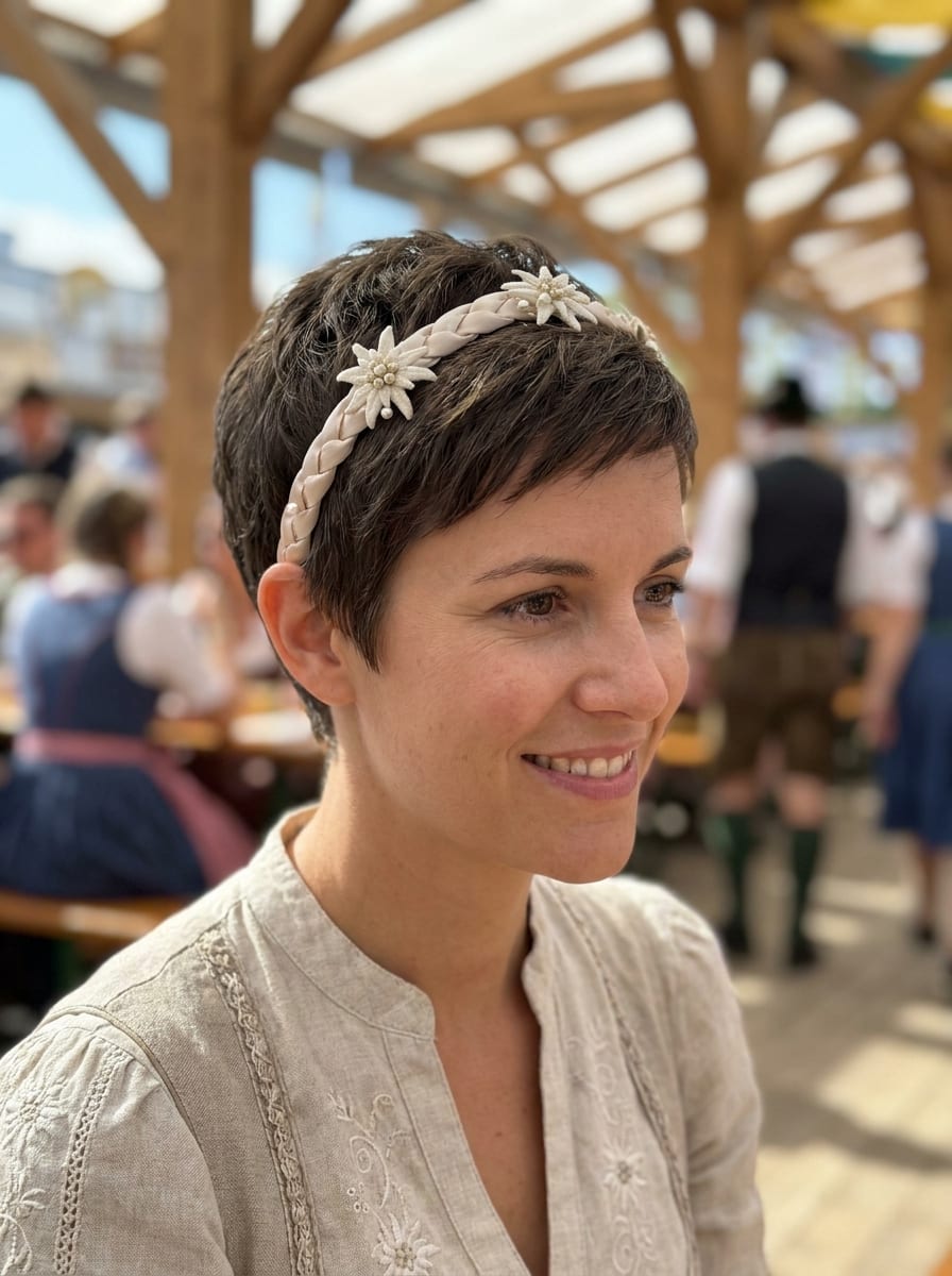 Pixie mit Haarreif - Oktoberfest Frisur für kurze Haare